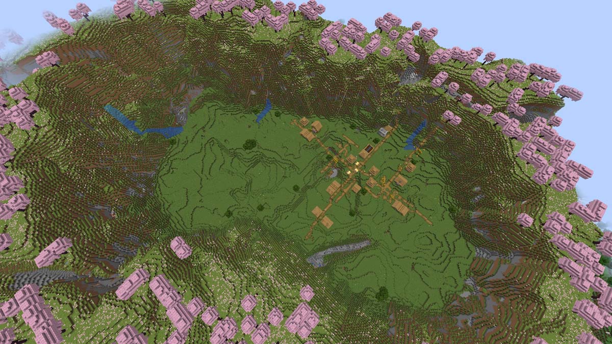 Bosque de cerezos y pueblo en Minecraft