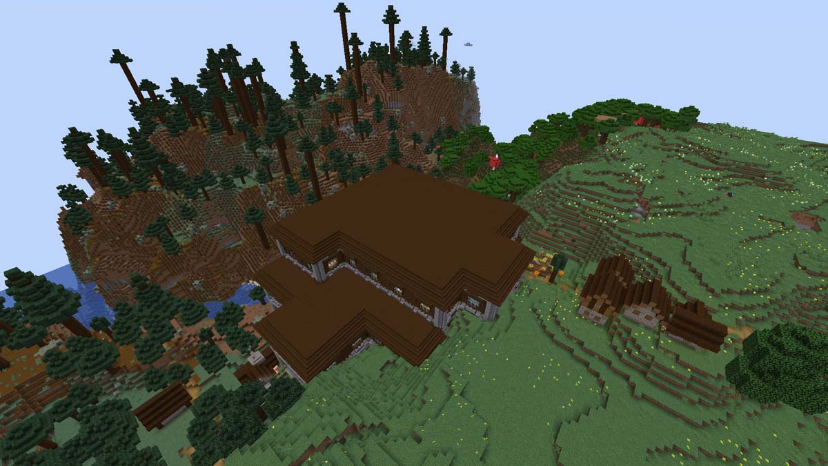 Mansión y pueblo en el bosque en Minecraft