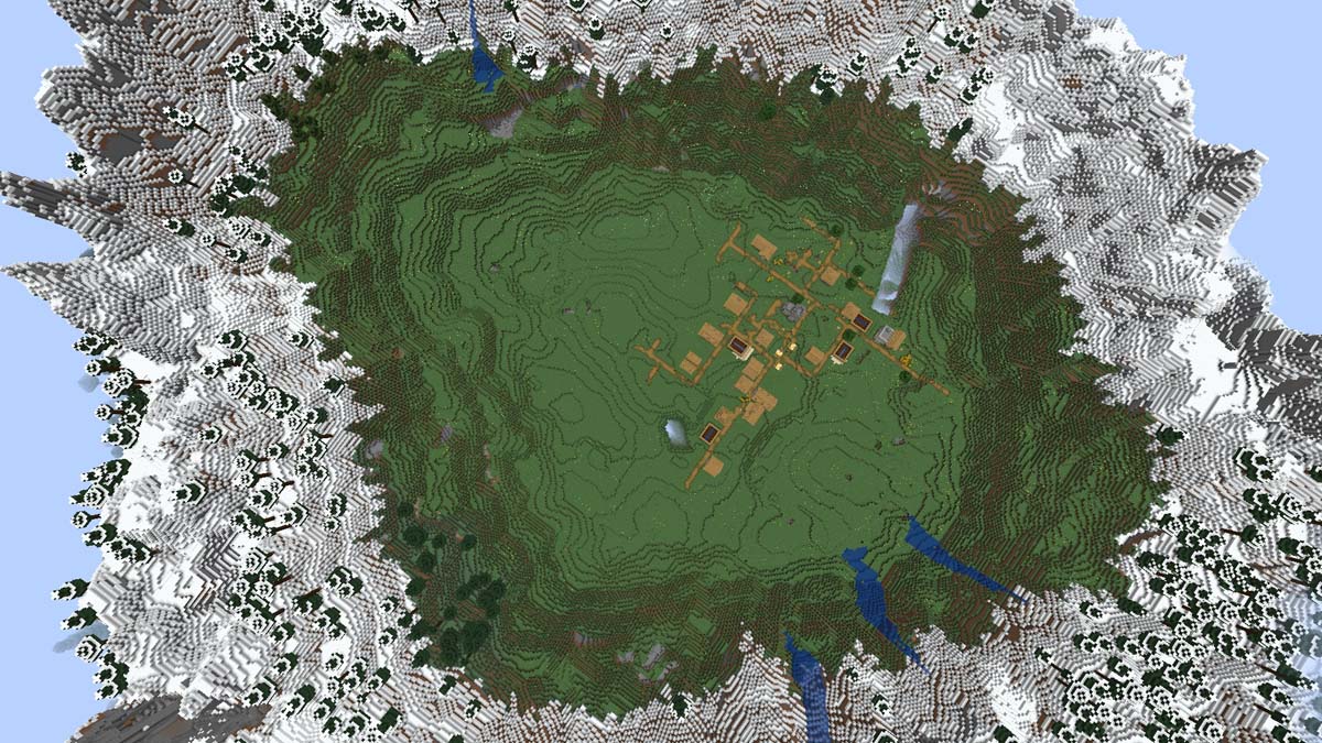 Anillo de montaña y pueblo en Minecraft