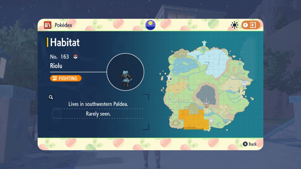 La ubicación de Paldea de Riolu resaltada en el mapa en Pokémon Scarlet y captura de pantalla de GuiaGamer Violet