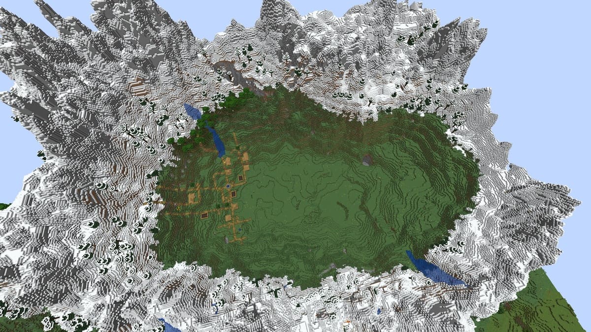 Anillo de montaña y pueblo en Minecraft