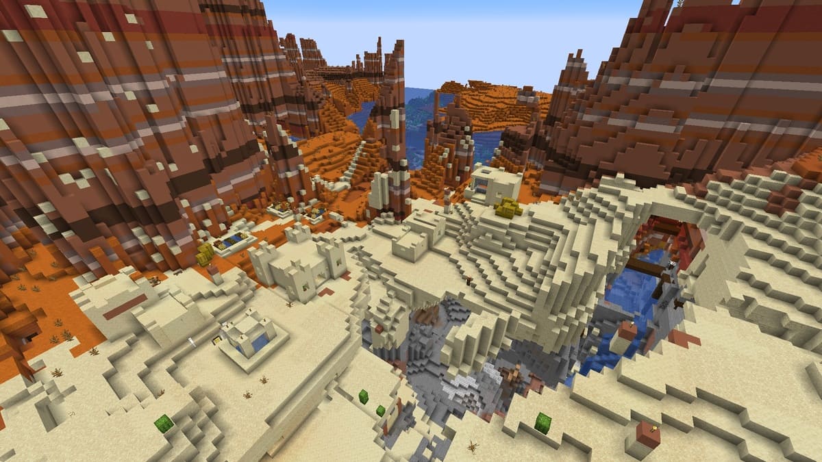 Barranco profundo y pueblo en Minecraft