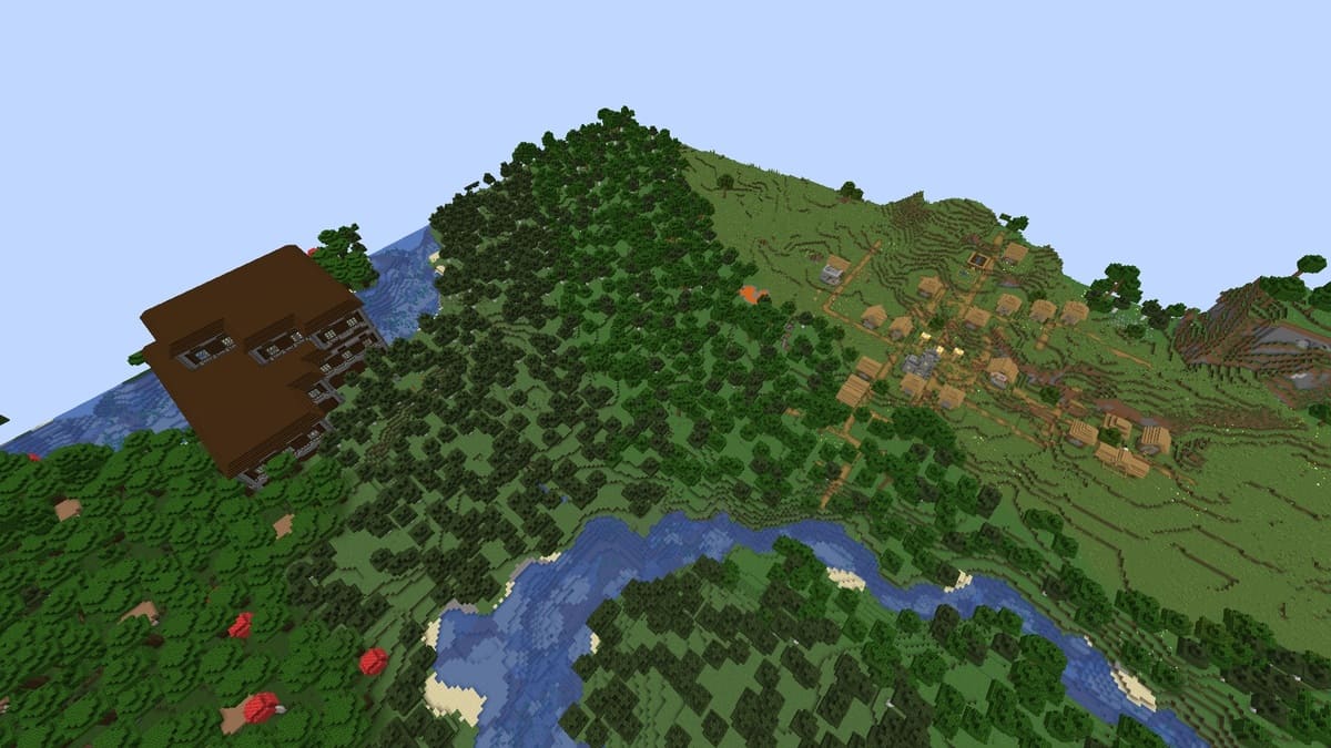 Mansión y pueblo en el bosque en Minecraft