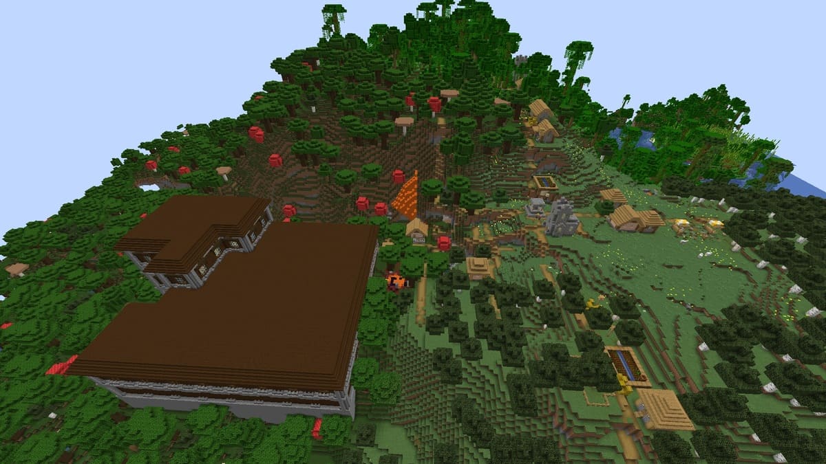 Mansión y pueblo en el bosque en Minecraft