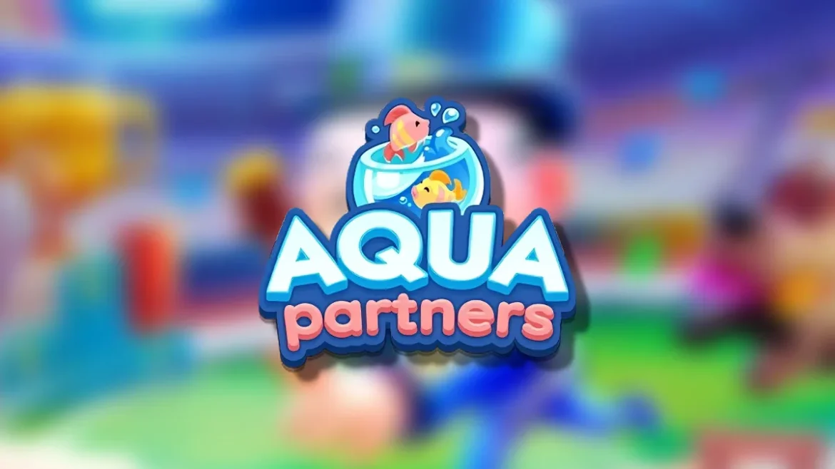 The Monopoly GO Aqua Partners logo on a blurred Monopoly GO Background