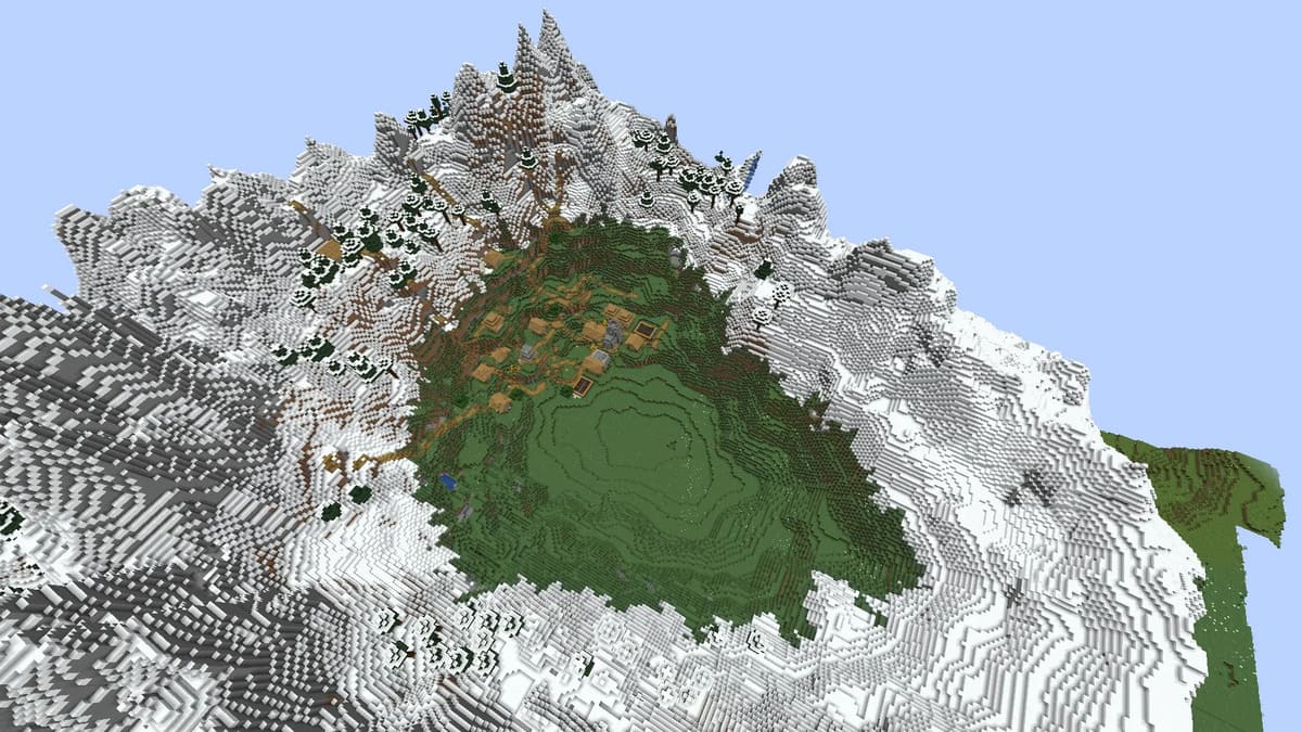 Anillo de montaña y pueblo en Minecraft