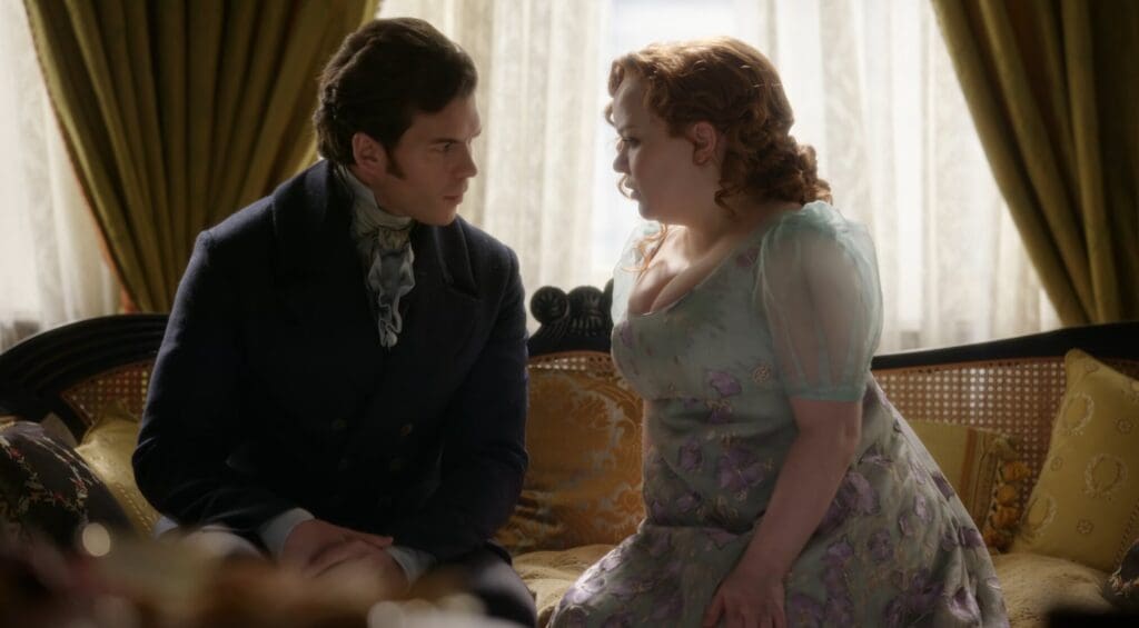 Colin Bridgerton y Penelope Featherington en Bridgerton Temporada 3, Episodio 6