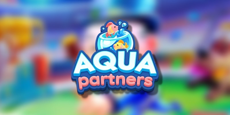 El logotipo de Monopoly GO Aqua Partners sobre un fondo borroso de Monopoly GO