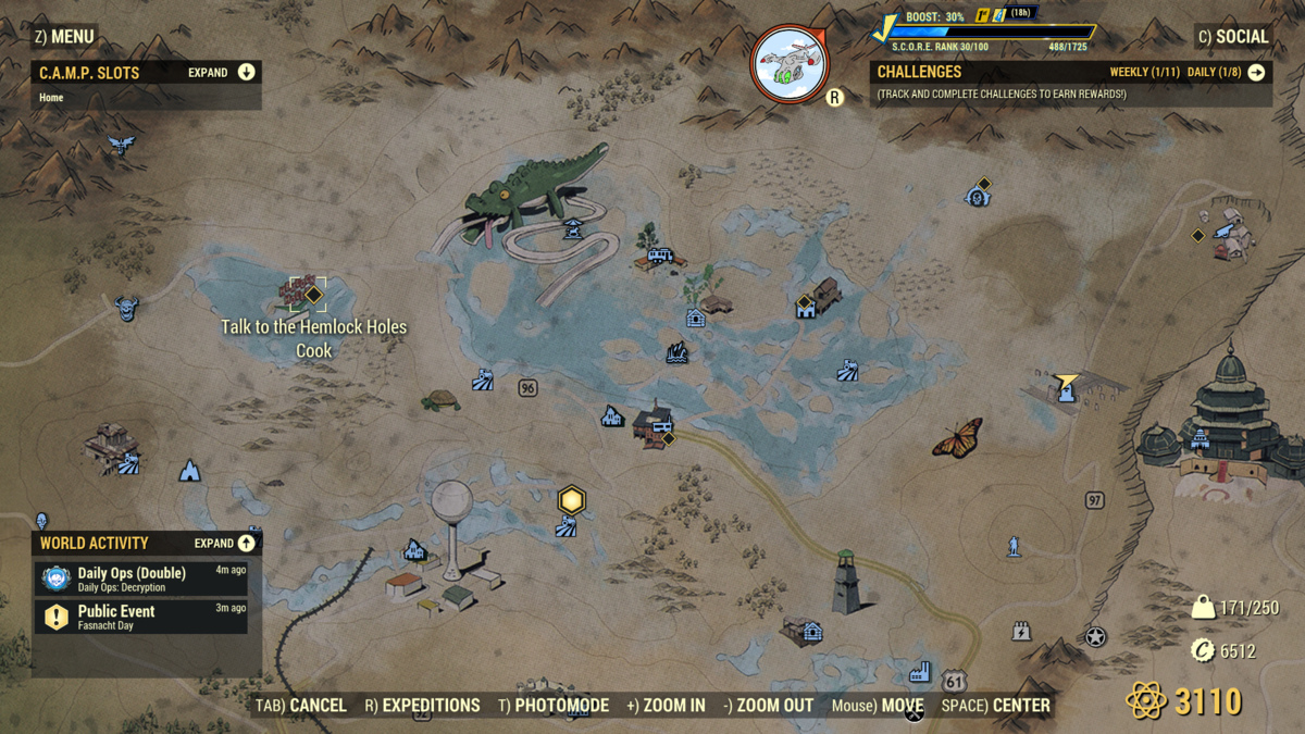 La ubicación de Hemlock Holes está marcada en el mapa de Fallout 76.