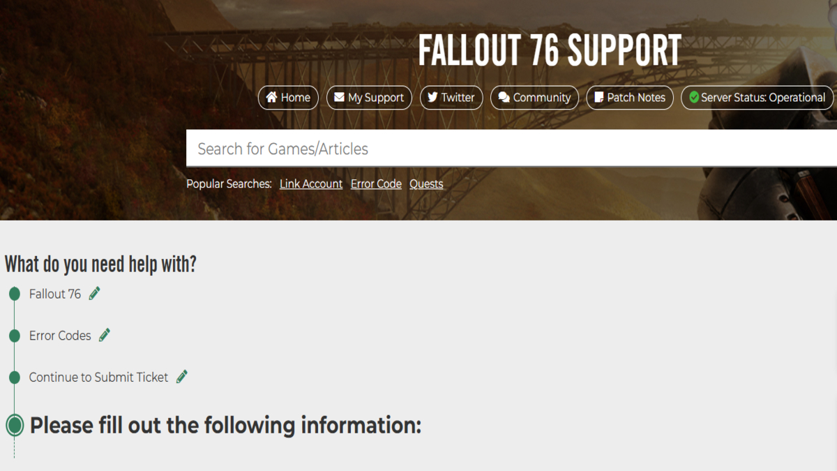 Abrir un ticket usando la página de soporte de Fallout 76 Bethesda.