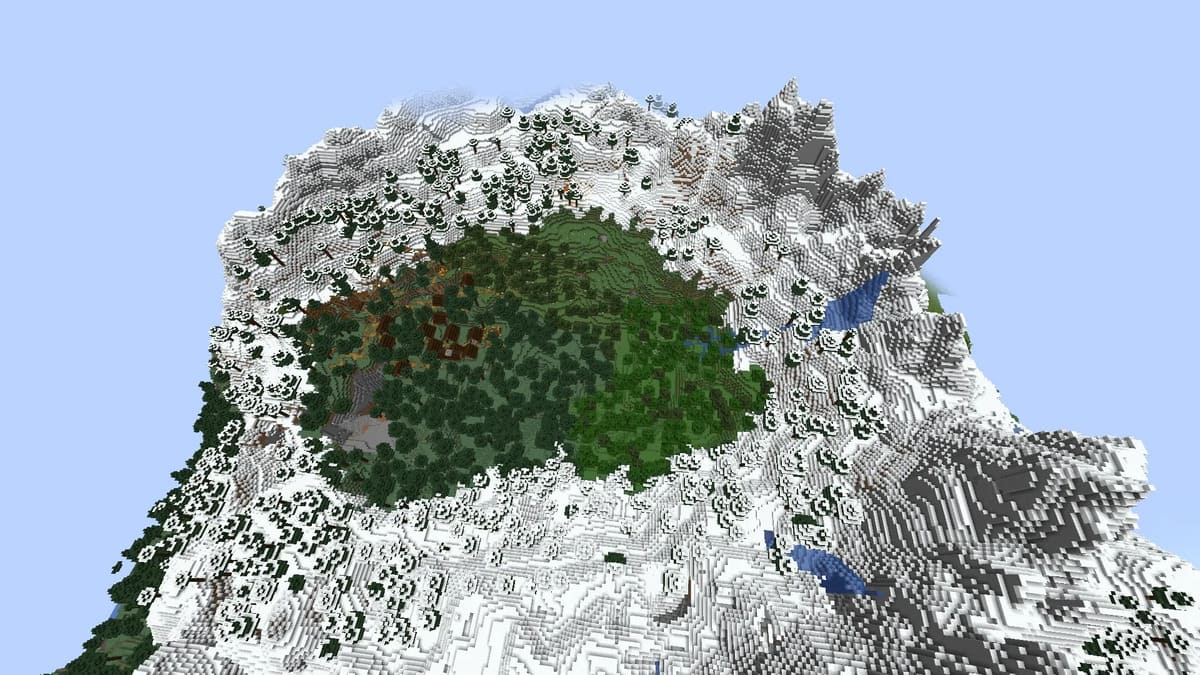 Anillo de montaña y pueblo en Minecraft