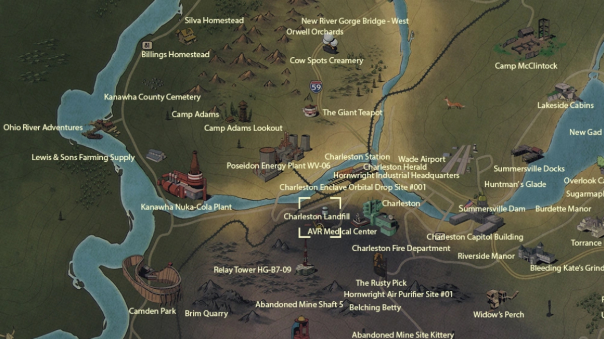 La ubicación del vertedero de Charleston marcada en el mapa en Fallout 76.