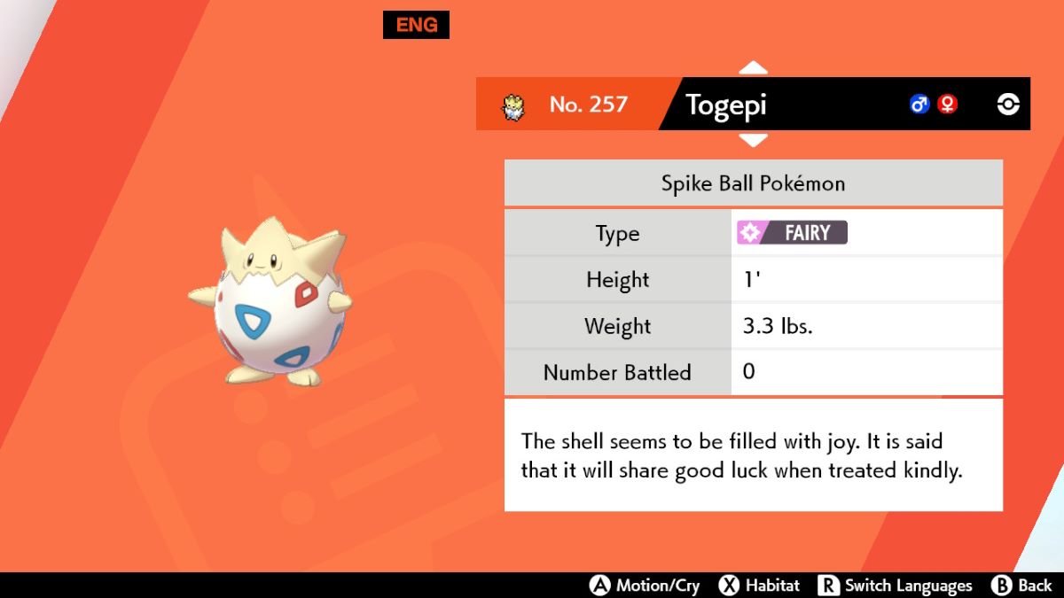Entrada Pokedex de Togepi en Pokémon Sword