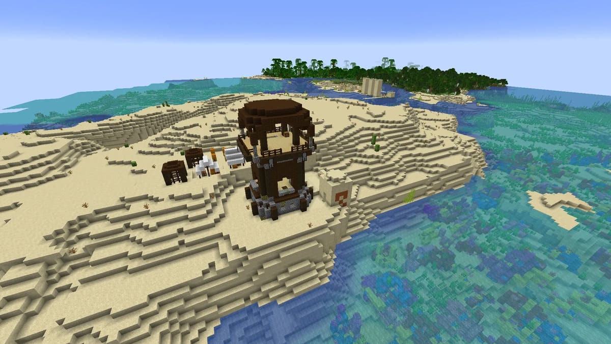 Las 20 mejores semillas de Minecraft 1.18.2 30 Puesto de avanzada de saqueadores y templo del desierto en Minecraft