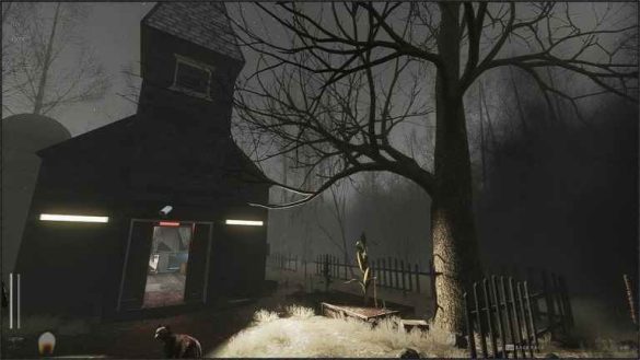 Descending the Woods farmhouse at night