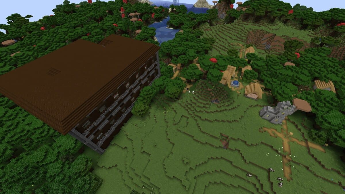 Mansión y pueblo en el bosque en Minecraft
