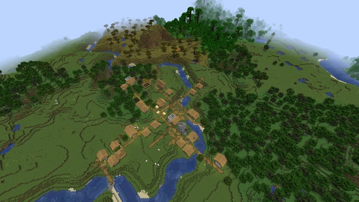 Dos herreros y un pueblo en Minecraft.