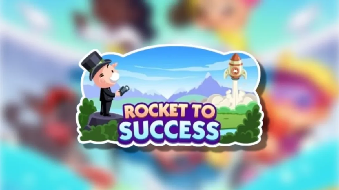 Monopoly GO Rocket To Success logo on top of a blurred Monopoly GO background in an article detailing the rewards and milestones of this event