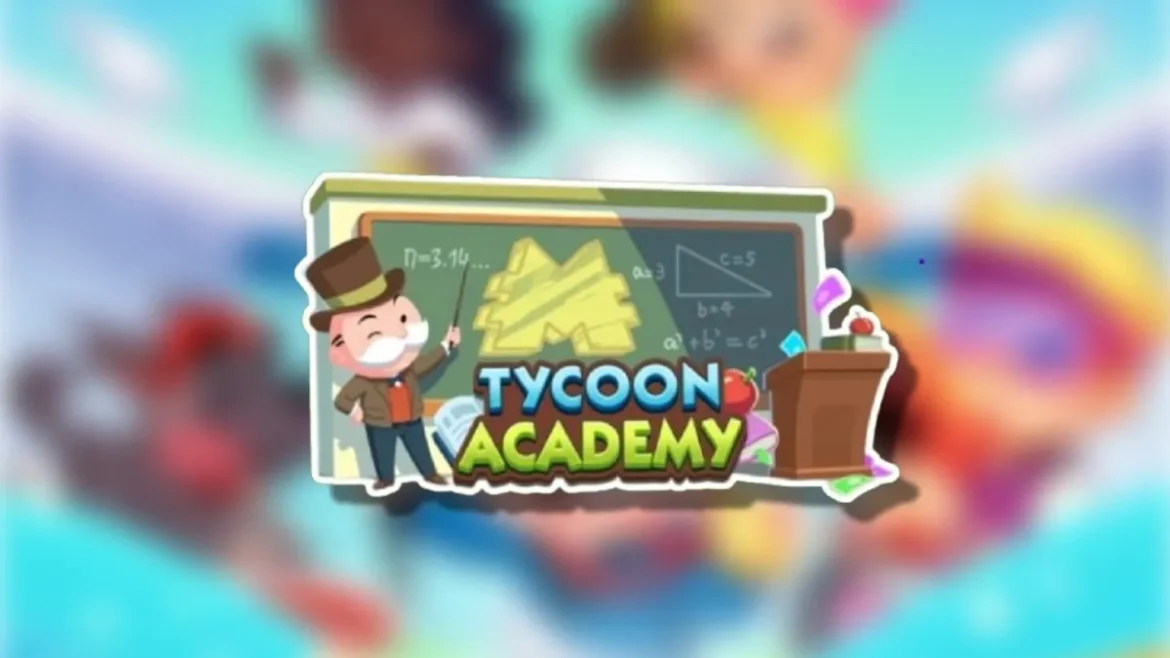 An image of the Tycoon Academy logo on top of a blurred Monopoly GO background in an article detailing all of the rewards and milestones players can earn