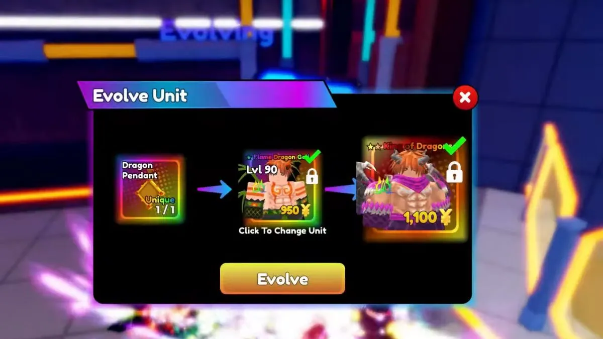 Requisitos de doble evo de King of Dragons en Anime Defenders