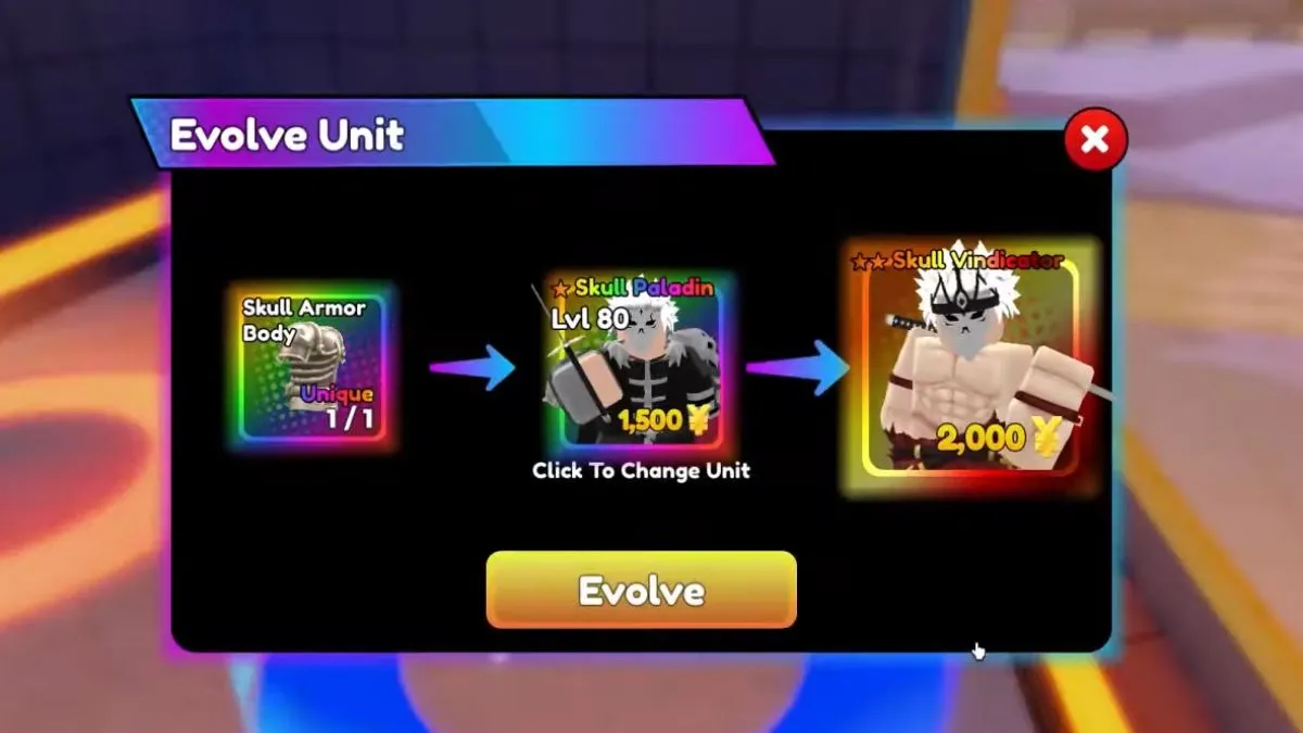 Requisitos de Skull Vindicator doble evo en Anime Defenders