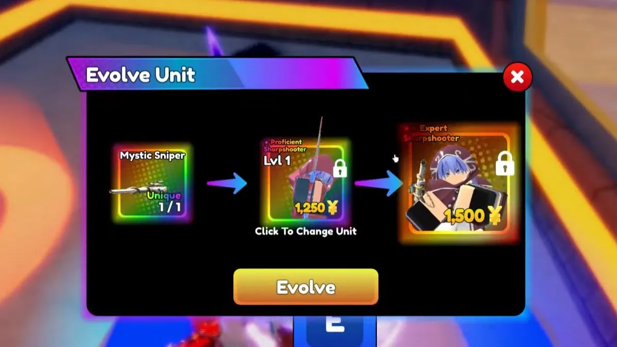 Experto Sharpshooter doble evolución en Anime Defenders