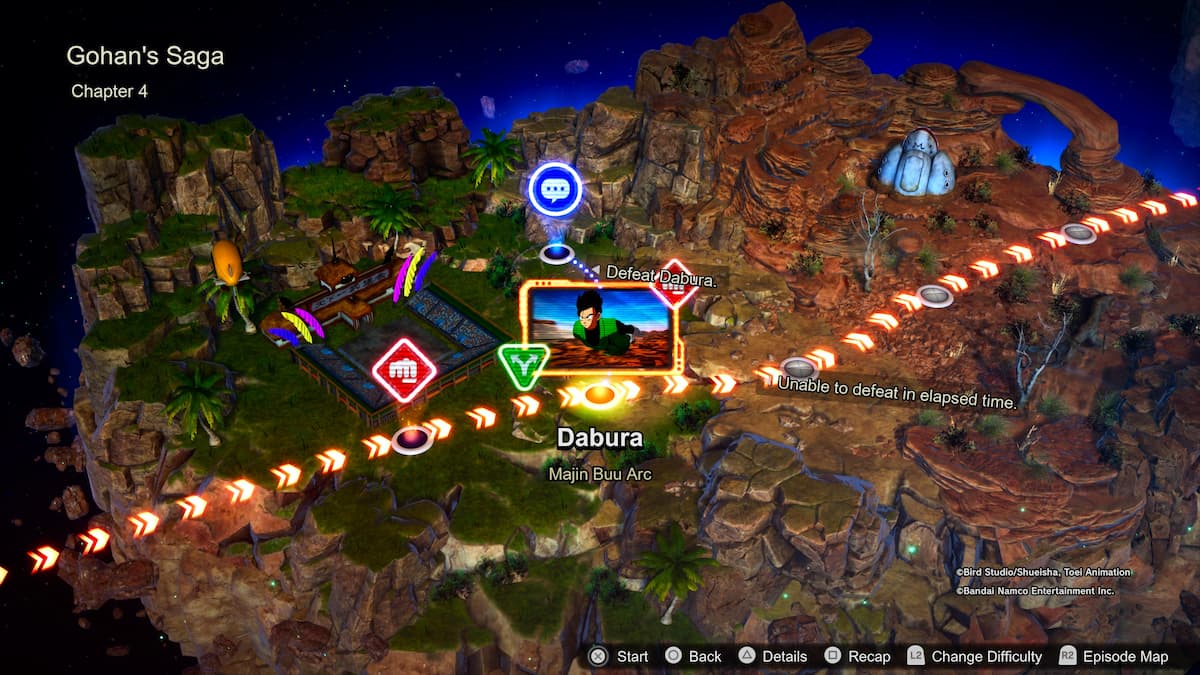 Pittoresco terreno montano e desertico con diversi sentieri contrassegnati da frecce rosse che conducono a una scena centrale con Dabura.