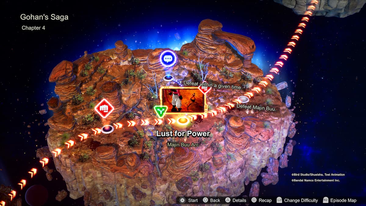 Terreno roccioso ad alta quota con sentieri illuminati da frecce che conducono a una scena evidenziata con Majin Bu.