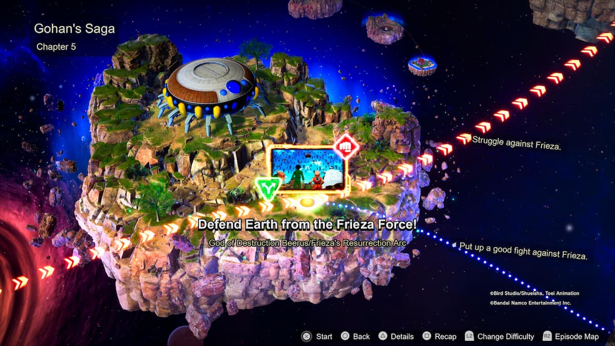 Paesaggio raffigurante un avamposto alieno in cima a un'isola rocciosa circondata da nuvole. La scena presenta Gohan, Piccolo e Crilin.