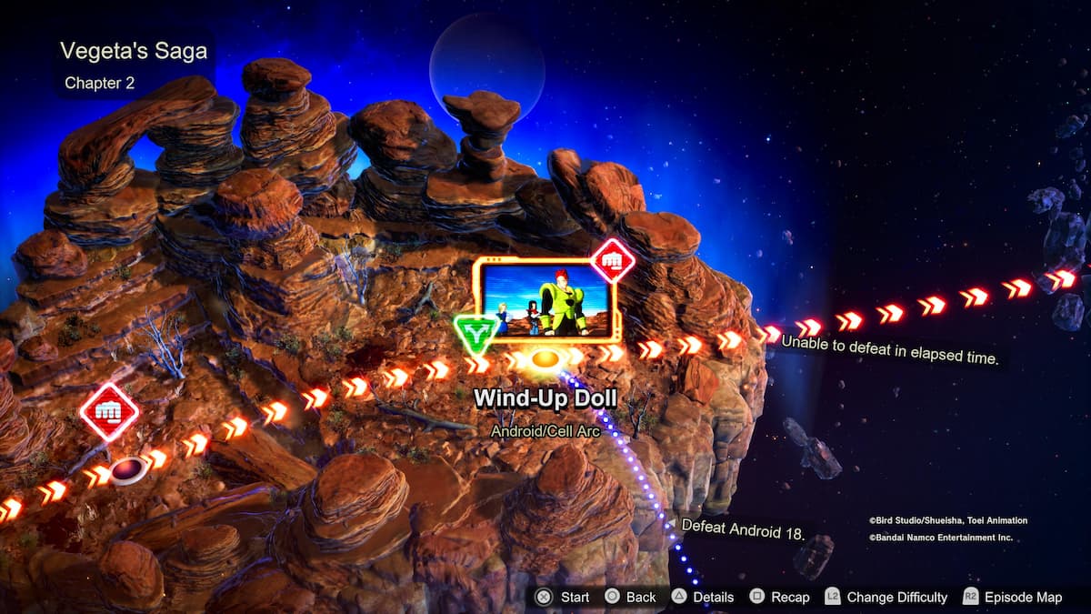 Android 18을 물리쳐야 하는 '태엽 인형' 임무를 보여주는 Vegeta Saga 2장의 지도 보기입니다. 지형은 암석으로 이루어져 있으며 경로는 빨간색으로 강조 표시됩니다.