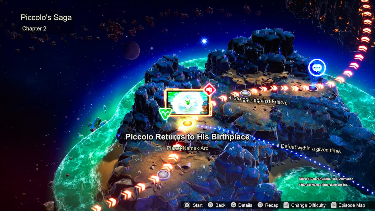 피콜로가 나메크 행성으로 순간이동하는 장면이 강조 표시된 장면과 함께 바위가 많은 풍경과 외계 바다의 전망.