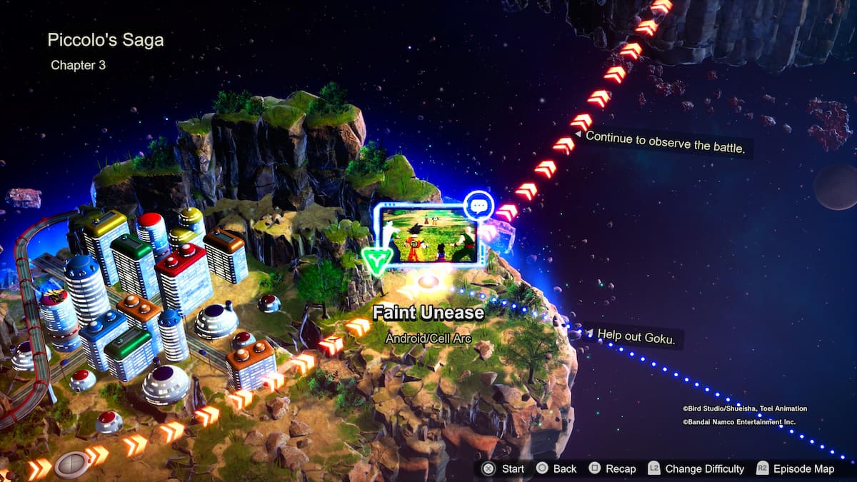 들판에 있는 손오공, 피콜로 및 기타 캐릭터를 보여주는 강조된 장면으로 이어지는 고층 빌딩이 있는 도시 지역의 개요입니다.