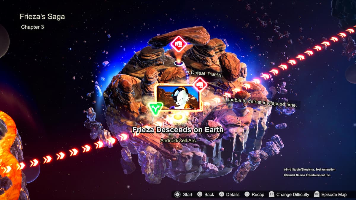 O hartă din episodul Dragon Ball Sparking Zero, care arată Saga Frieza, capitolul 3 intitulat „Frieza Descends to Earth” pe Android/Cell Arc. Imaginea prezintă Freezer și mai multe căi de explorat, cu noduri evidențiate care indică obiectivele de luptă.