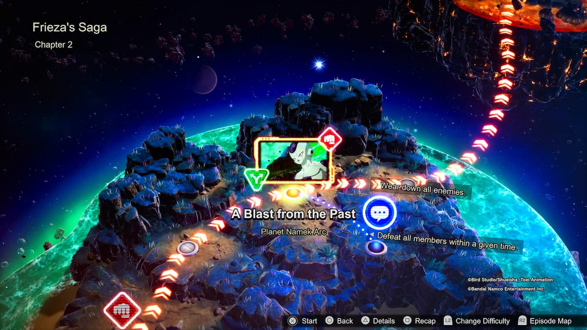 O hartă din episodul Dragon Ball Sparking Zero, care arată Saga Frieza, capitolul 2 intitulat „O explozie din trecut” în Arcul Planetei Namek. Imaginea prezintă mai multe căi, obiective și un nod evidențiat cu Frieza.