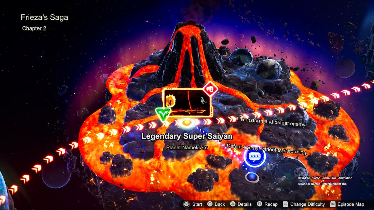 O hartă din episodul Dragon Ball Sparking Zero, care arată Saga Frieza, capitolul 2 intitulat „Super Saiyan legendar” în Arcul Planetei Namek. Harta evidențiază o scenă vulcanică de foc, arătând căi de transformare și înfrângere a inamicilor.