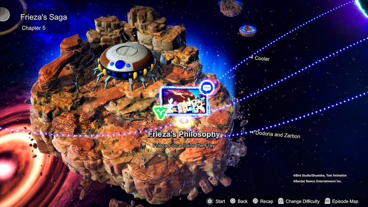 O hartă din episodul Dragon Ball Sparking Zero, care arată Saga Frieza, capitolul 5 intitulat „Filosofia lui Frieza”. Scena arată forța lui Freezer adunată, cu Cooler și alți minioni prezenți, indicând progresul poveștii și obiectivele bătăliei.