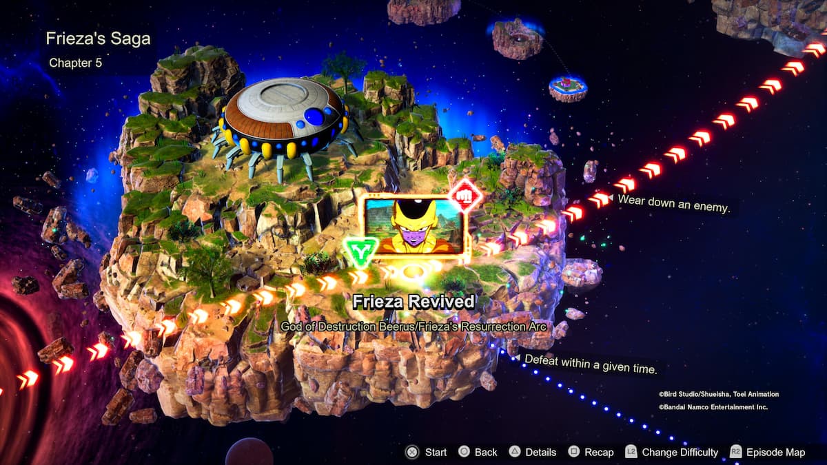 O hartă din episodul Dragon Ball Sparking Zero, care arată Saga Frieza, capitolul 5 intitulat „Frieza reînviată” în Arcul de învierea lui God of Destruction Beerus/Frieza. Imaginea îl arată pe Freezer în noua sa formă, împreună cu alte căi și obiective de pe hartă.