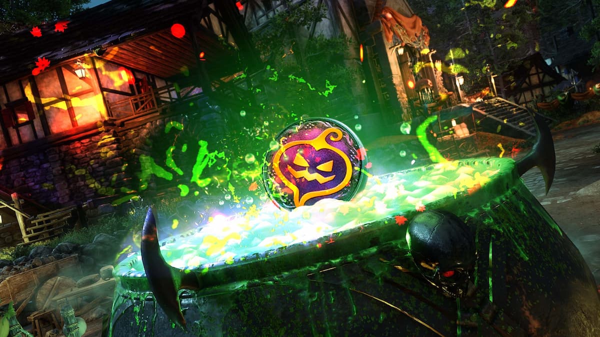 Primer plano del caldero con un líquido verde brillante y una ficha del Velo Nocturno flotando sobre él, rodeado de salpicaduras vibrantes y decoración festiva durante el evento Nightveil Hallow.
