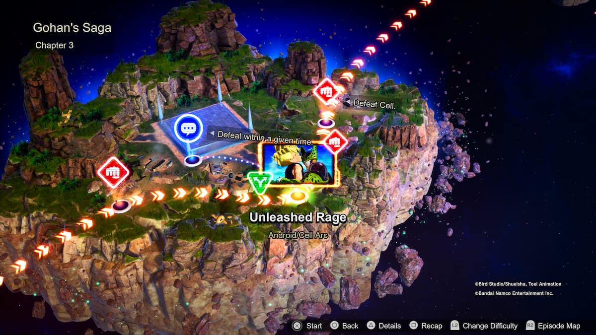 Veduta aerea di un terreno roccioso con sentieri illuminati da frecce rosse che conducono verso una scena centrale evidenziata con Androide 16.