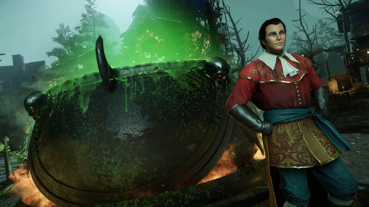 Salvatore el Loco de pie junto a un caldero burbujeante gigante lleno de un líquido verde y siniestro durante el evento Nightveil Hallow en la ciudad de Aeternum.
