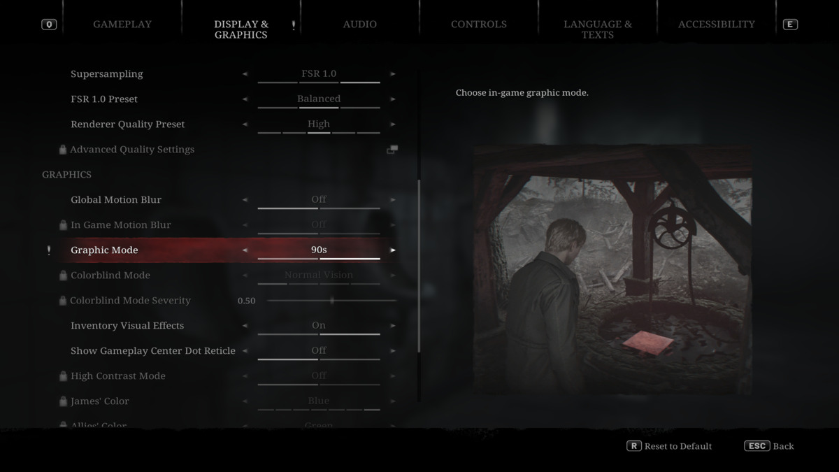 Silent Hill 2 Remake seleccionando el modo de filtro de los 90 