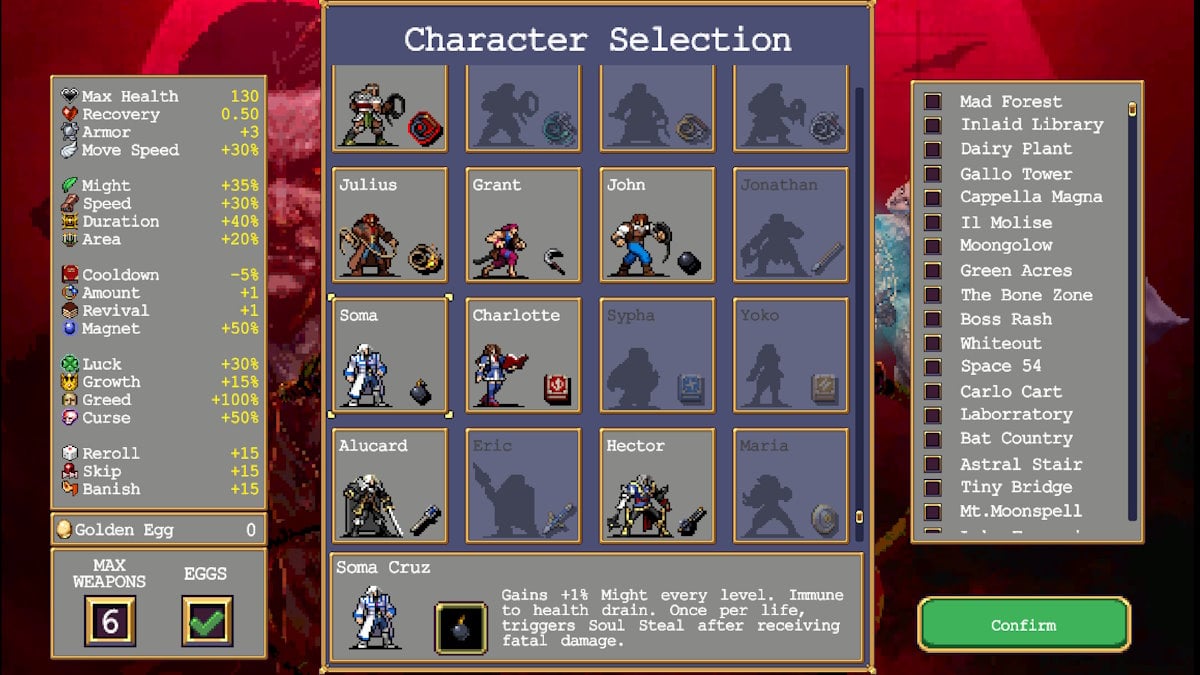 Soma Cruz en Vampire Survivors Oda a Castlevania