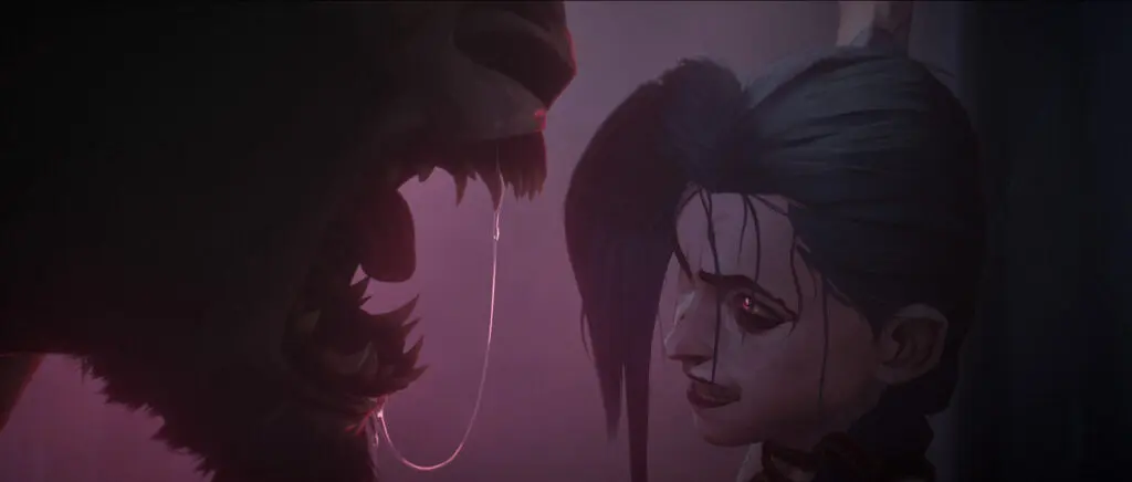 (Venstre til høyre) JB Blanc som Warwick og Ella Purnell som Jinx i sesong 2 av Arcane.