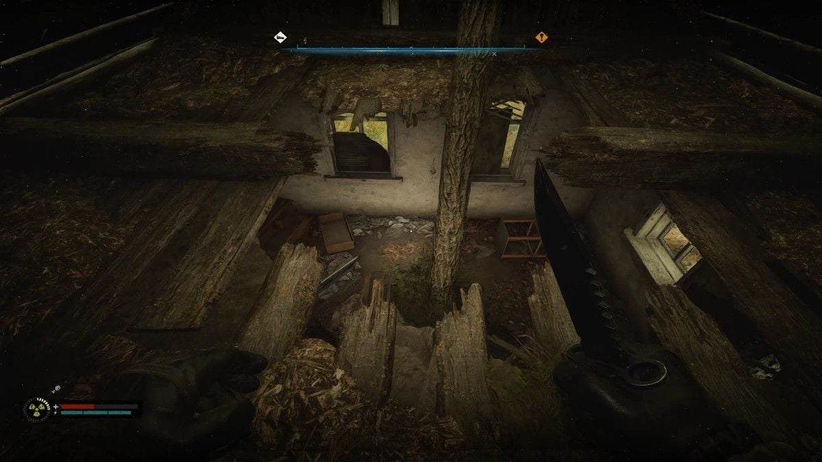 Descender usando un agujero en el techo de la cabaña de los bandidos en Stalker 2