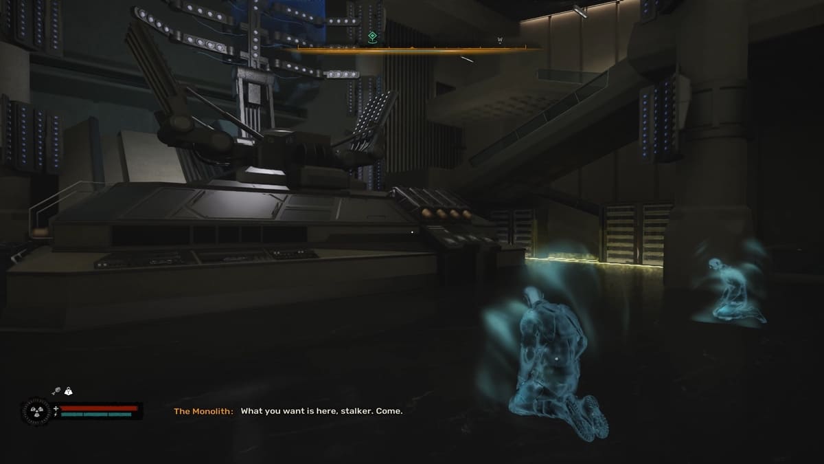 Figuras sombrías cerca de Monolith Machine en Stalker 2