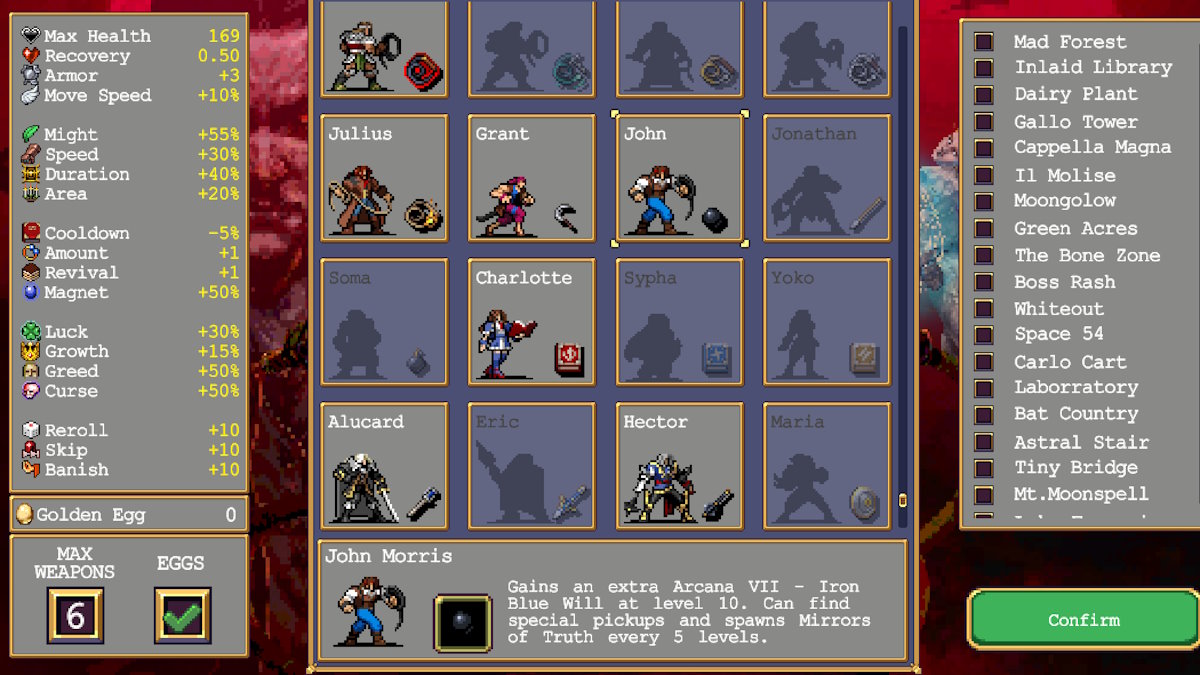 John Morris en Vampire Survivors Oda a Castlevania