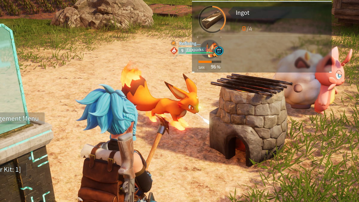 Palworld cocina lingotes en horno usando Foxparks