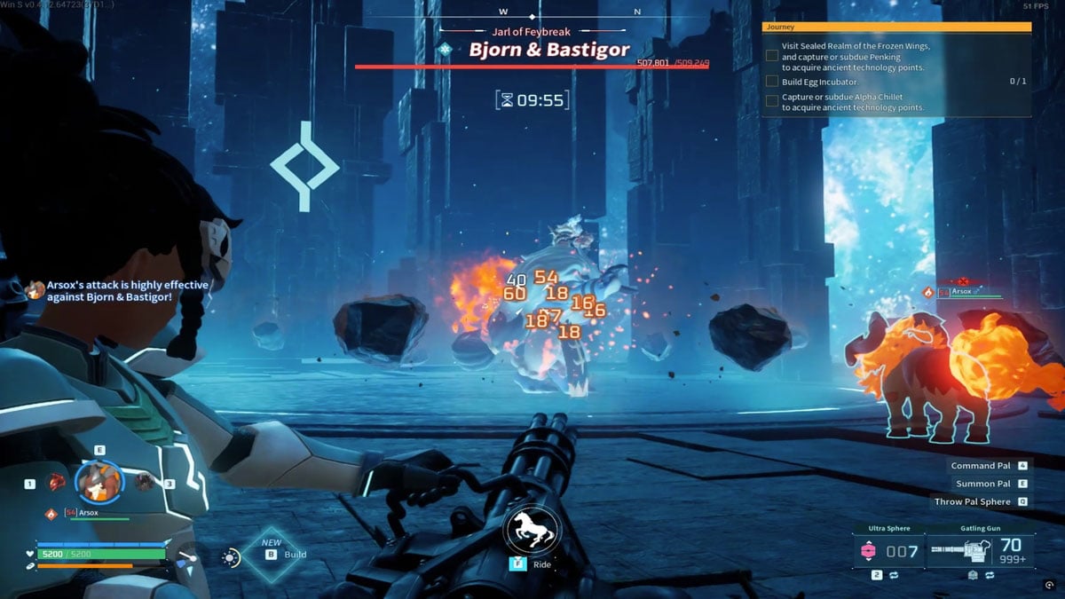 Un jugador que usa un amigo tipo fuego para infligir daño a Bjorn y Bastigor en Palworld.