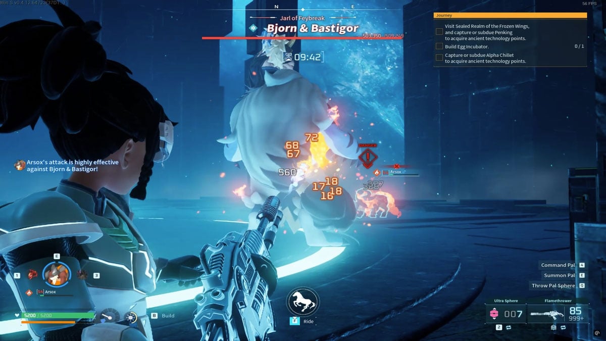 un jugador que usa un lanzallamas contra Bjorn y el jefe de Bastigor en Palworld