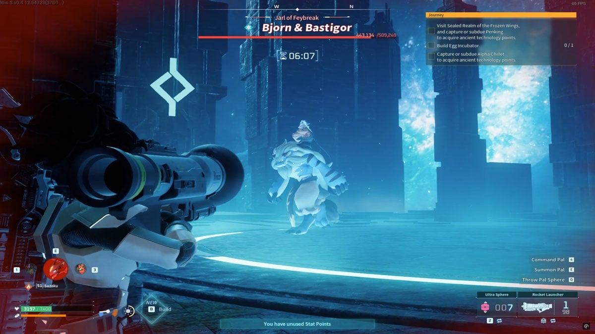 Un jugador que usa el legendario lanzacohetes contra Bjorn y Bastigor en Palworld.